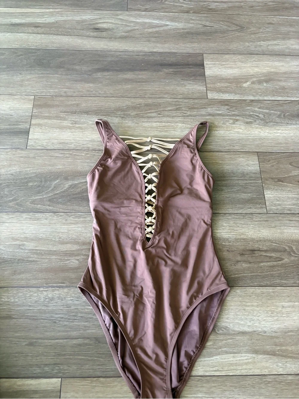 Bleu Rod Beattie Brown One-Piece Swimsuit with Gold Lace-Up Front